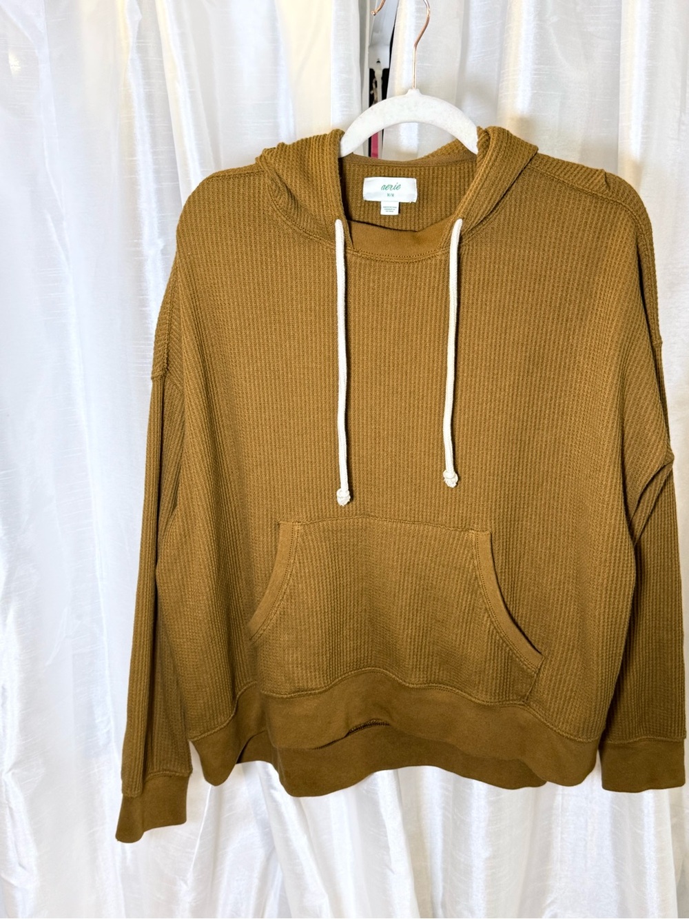 aerie Waffle-Knit Hooded Sweater in Mustard Gold with White Drawstrings